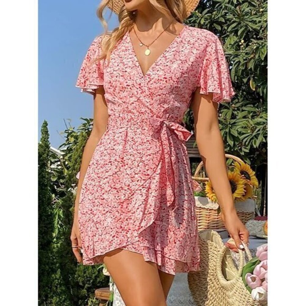 CUPSHE Boho Short Flared Sleeves V Neck Wrap Belted Floralโ Print Dress Size M